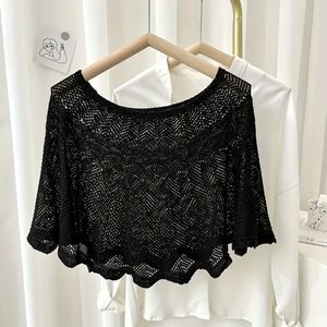 Solid Color Knitted Women Shawl Ruffles Elegant Cape Outdoor Wrap Black OS